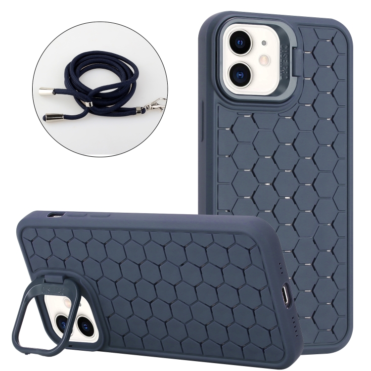 

For iPhone 12 Honeycomb Radiating Lens Holder Magsafe Phone Case with Lanyard(Blue)