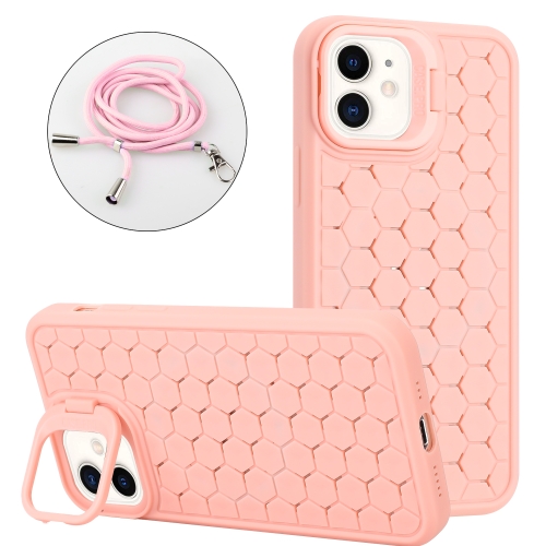 

For iPhone 12 Honeycomb Radiating Lens Holder Magsafe Phone Case with Lanyard(Pink)