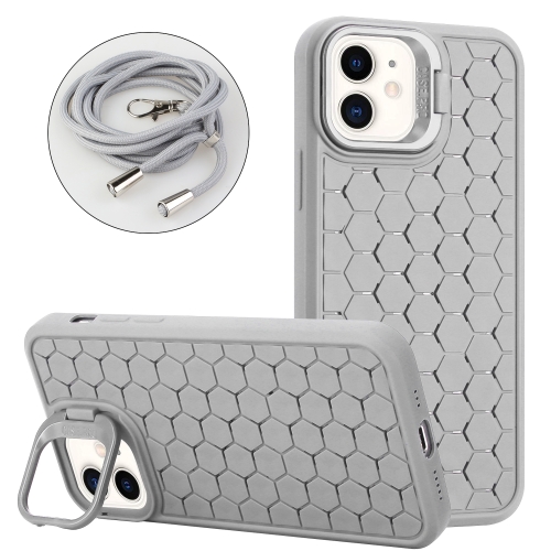 

For iPhone 12 Honeycomb Radiating Lens Holder Magsafe Phone Case with Lanyard(Grey)