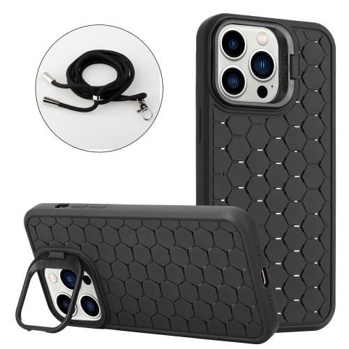 

For iPhone 12 Pro Max Honeycomb Radiating Lens Holder Magsafe Phone Case with Lanyard(Black)