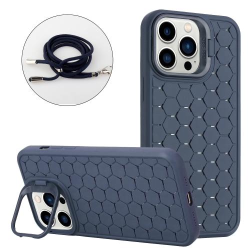 

For iPhone 12 Pro Max Honeycomb Radiating Lens Holder Magsafe Phone Case with Lanyard(Blue)