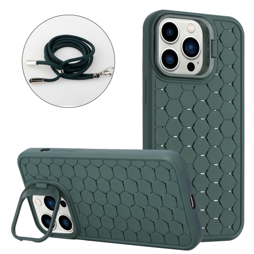

For iPhone 12 Pro Max Honeycomb Radiating Lens Holder Magsafe Phone Case with Lanyard(Green)