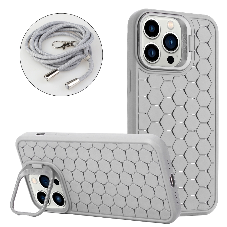 

For iPhone 12 Pro Max Honeycomb Radiating Lens Holder Magsafe Phone Case with Lanyard(Grey)