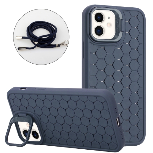 

For iPhone 11 Honeycomb Radiating Lens Holder Magsafe Phone Case with Lanyard(Blue)