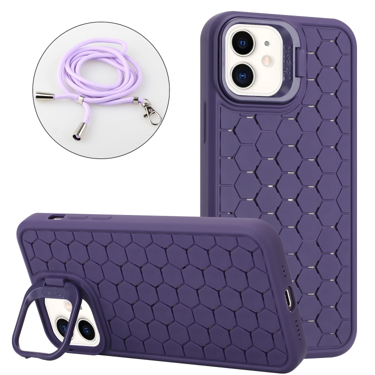 

For iPhone 11 Honeycomb Radiating Lens Holder Magsafe Phone Case with Lanyard(Purple)