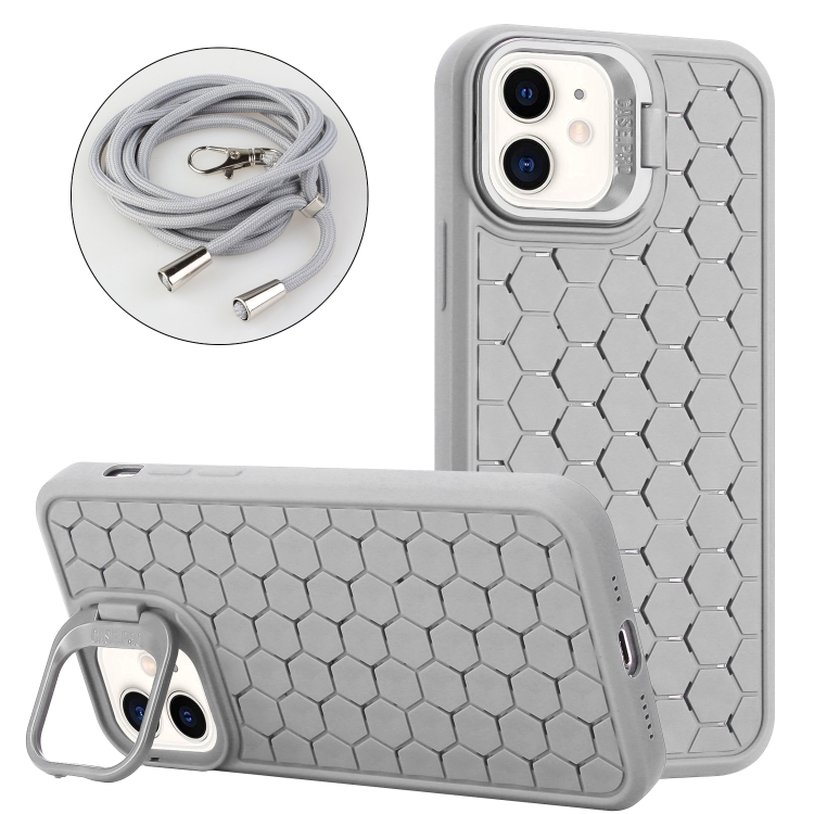 

For iPhone 11 Honeycomb Radiating Lens Holder Magsafe Phone Case with Lanyard(Grey)
