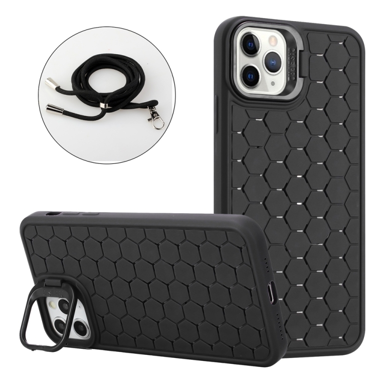 

For iPhone 16 Pro Honeycomb Radiating Lens Holder Magsafe Phone Case with Lanyard(Black)