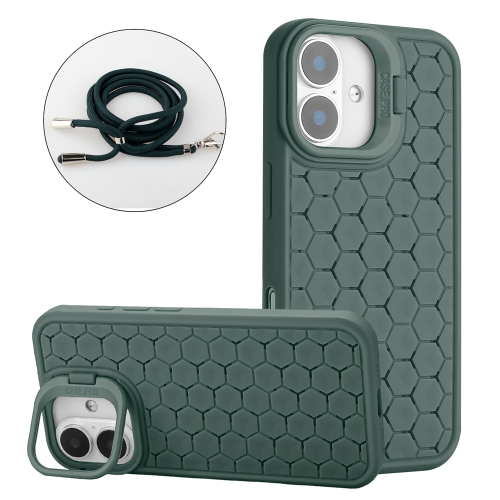 

For iPhone 16 Plus Honeycomb Radiating Lens Holder Magsafe Phone Case with Lanyard(Green)