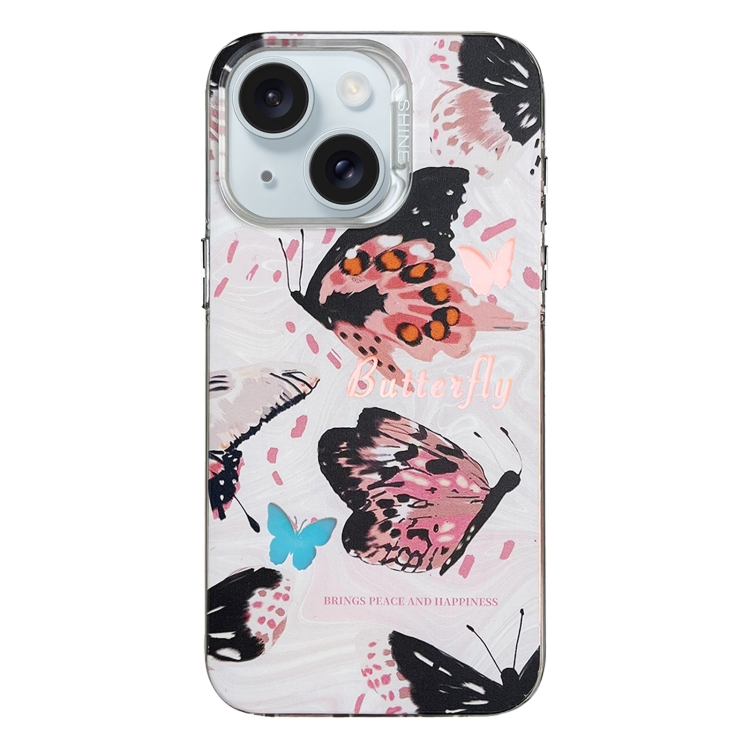 

For iPhone 15 Colorful Pattern TPU + PC Phone Case(Pink Butterflies)
