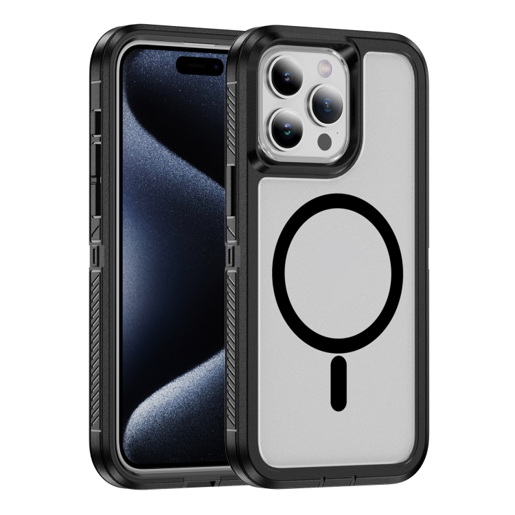 

For iPhone 15 Pro Max Guard Magsafe Magnetic Ring Matte Phone Case(Black+Transparent)