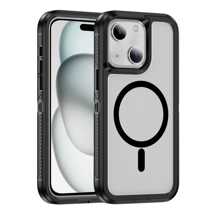 

For iPhone 15 Guard Magsafe Magnetic Ring Matte Phone Case(Black+Transparent)
