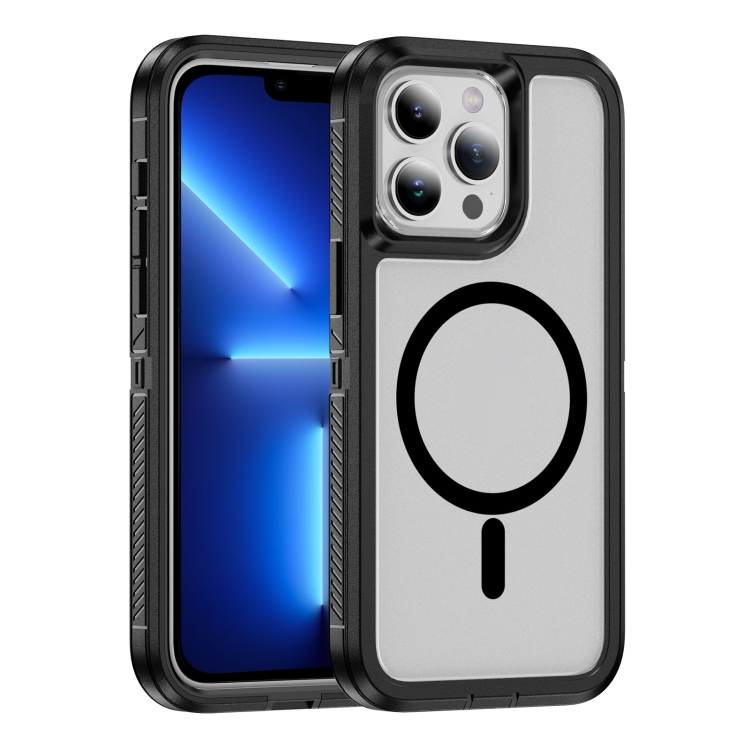 

For iPhone 13 Pro Guard Magsafe Magnetic Ring Matte Phone Case(Black+Transparent)