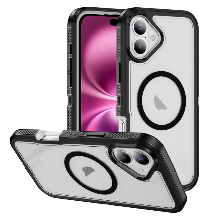 

For iPhone 16 Plus Guard Magsafe Magnetic Ring Matte Phone Case(Black+Transparent)