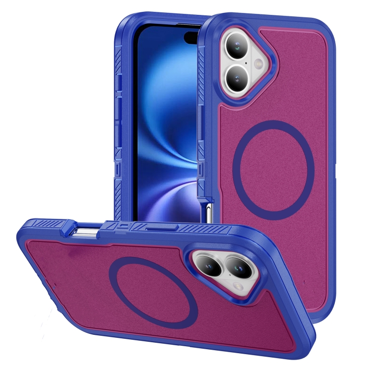 

For iPhone 16 Guard Magsafe Magnetic Ring Matte Phone Case(Blue+Rose Red)