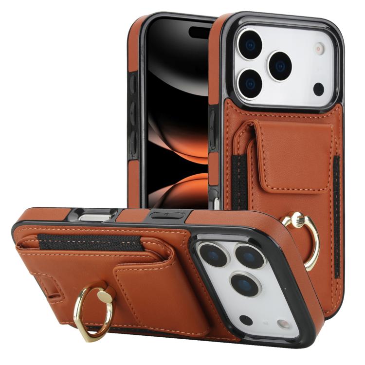 

For iPhone 17 Pro Elastic Card Bag Ring Holder Phone Case(Brown)