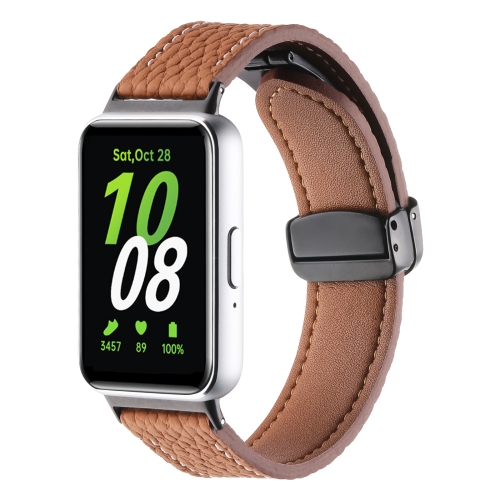For Samsung Galaxy Fit 3 Litchi Texture Magnetic Black Buckle Leather Watch Band(Brown)