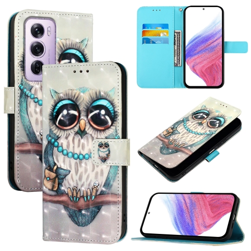 

For OPPO Reno12 Pro Global 3D Painting Horizontal Flip Leather Phone Case(Grey Owl)