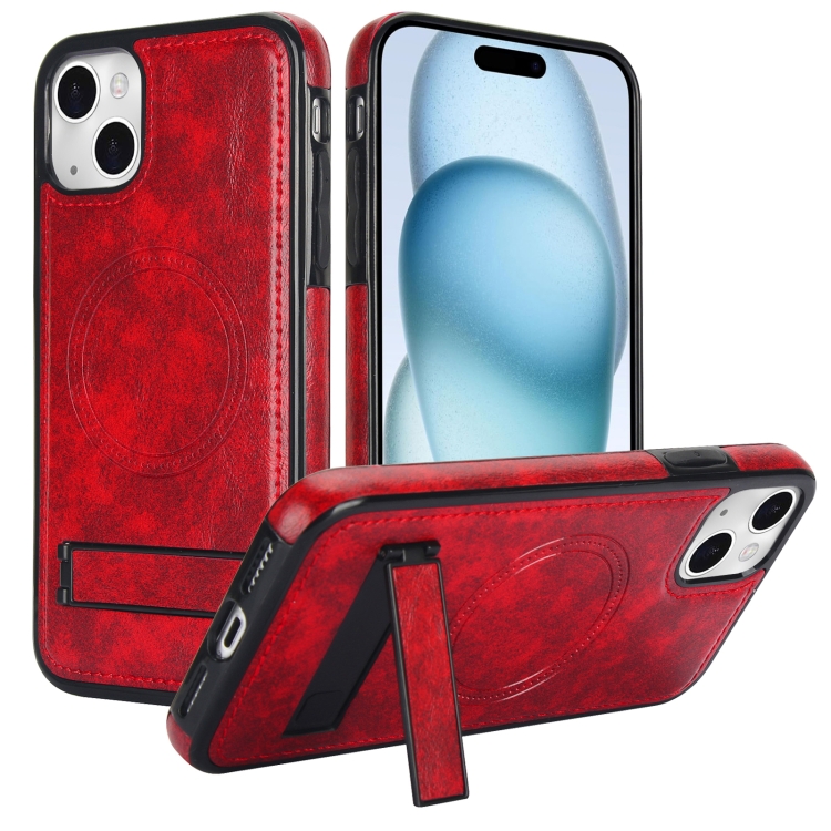 

For iPhone 15 Retro Leather Invisible Stand MagSafe Phone Case(Red)