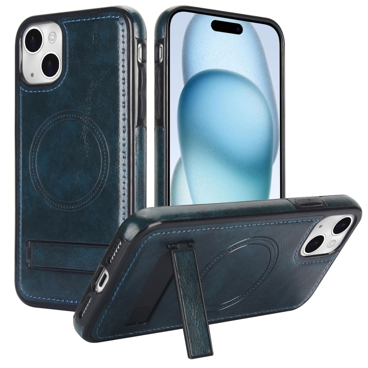 

For iPhone 15 Retro Leather Invisible Stand MagSafe Phone Case(Blue)