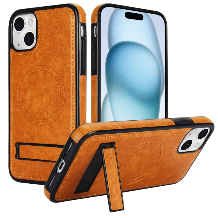 

For iPhone 15 Retro Leather Invisible Stand MagSafe Phone Case(Yellow)