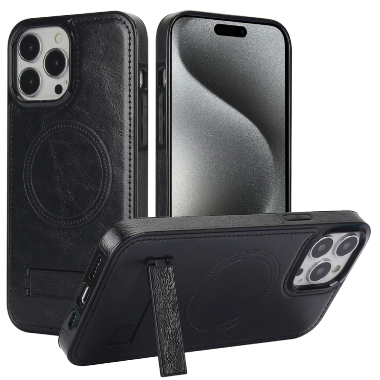 

For iPhone 15 Pro Retro Leather Invisible Stand MagSafe Phone Case(Black)