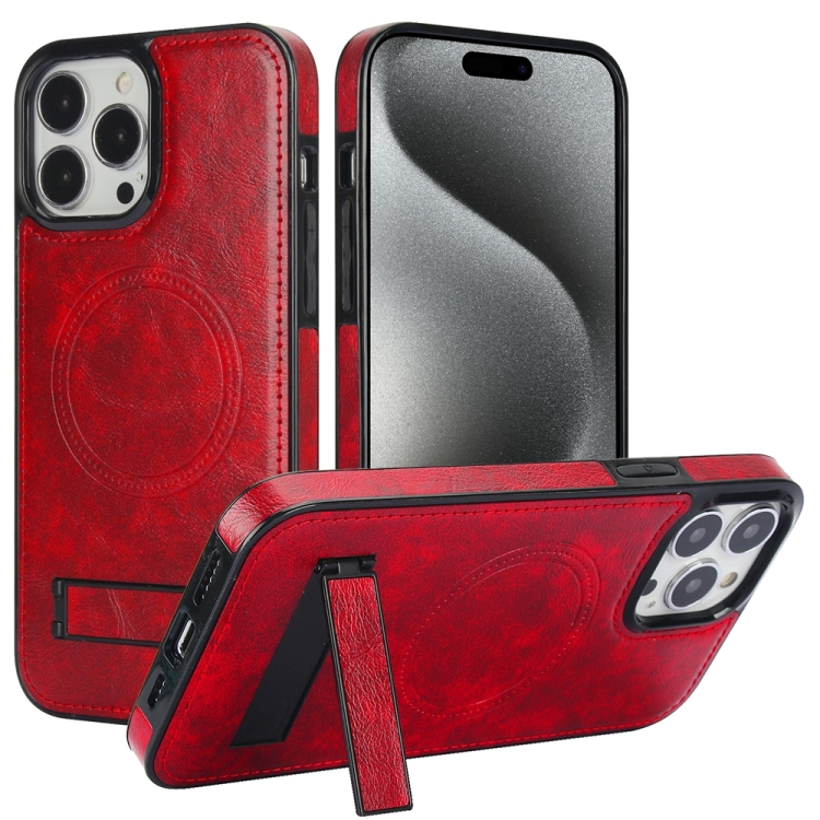 

For iPhone 15 Pro Retro Leather Invisible Stand MagSafe Phone Case(Red)