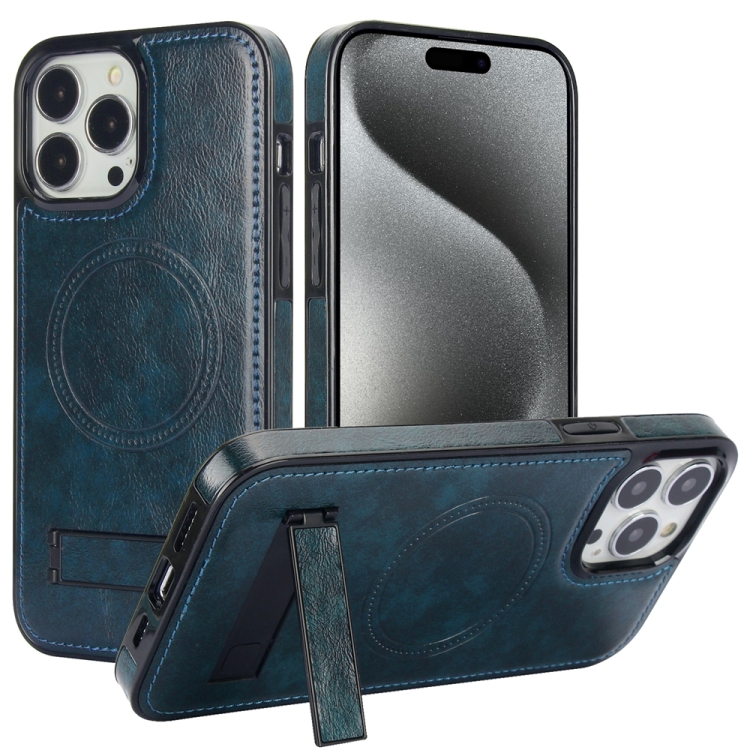 

For iPhone 15 Pro Max Retro Leather Invisible Stand MagSafe Phone Case(Blue)
