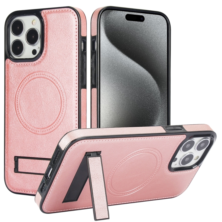 

For iPhone 15 Pro Max Retro Leather Invisible Stand MagSafe Phone Case(Rose Gold)
