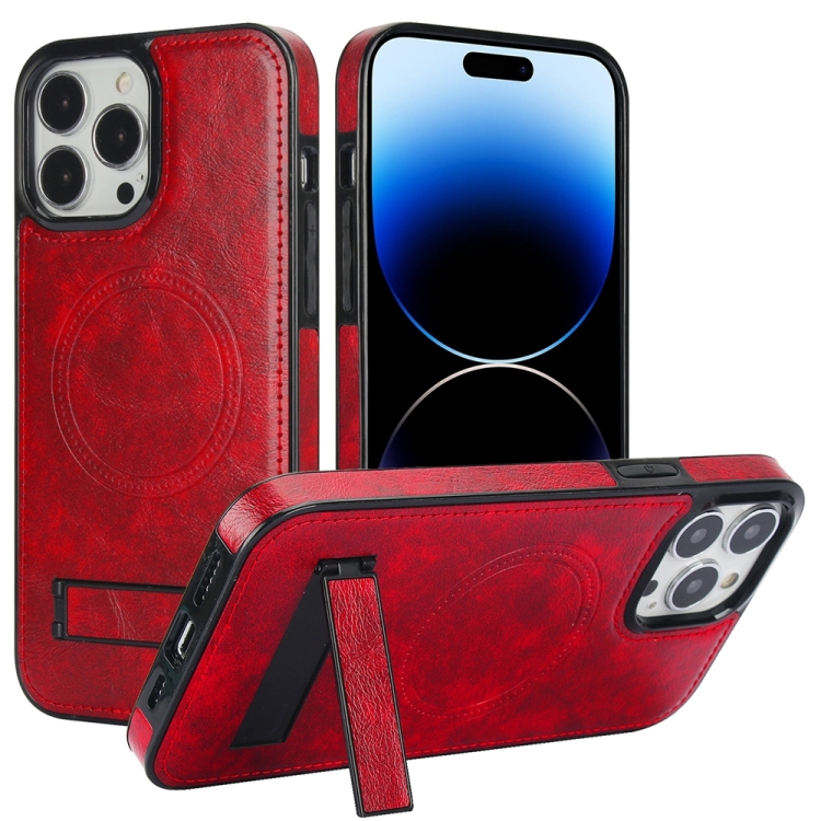

For iPhone 14 Pro Max Retro Leather Invisible Stand MagSafe Phone Case(Red)