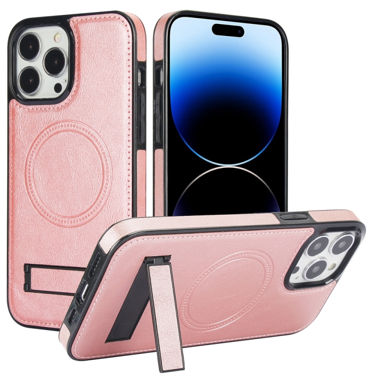 

For iPhone 14 Pro Max Retro Leather Invisible Stand MagSafe Phone Case(Rose Gold)
