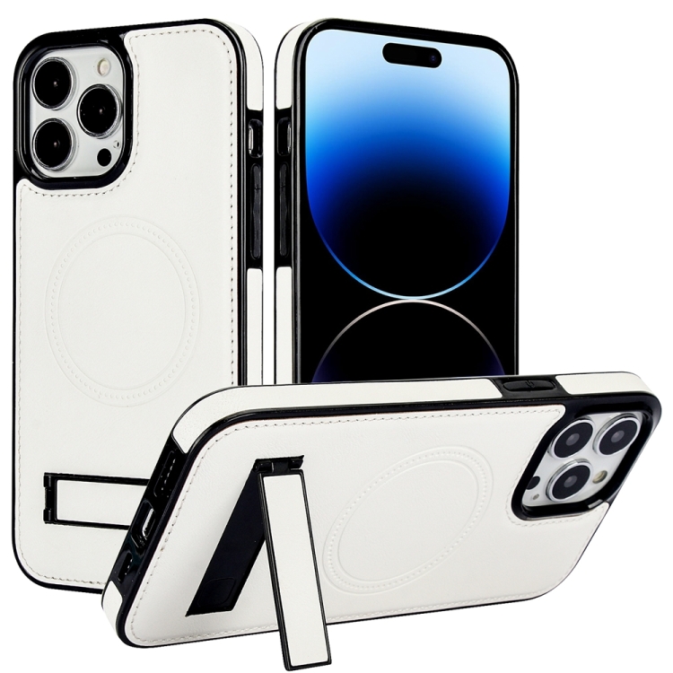 

For iPhone 14 Pro Retro Leather Invisible Stand MagSafe Phone Case(White)