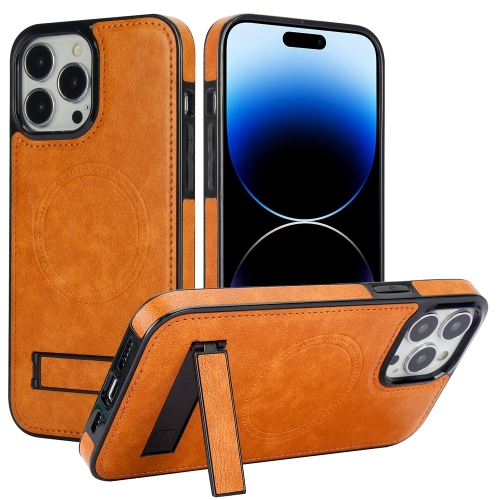 

For iPhone 14 Pro Retro Leather Invisible Stand MagSafe Phone Case(Yellow)
