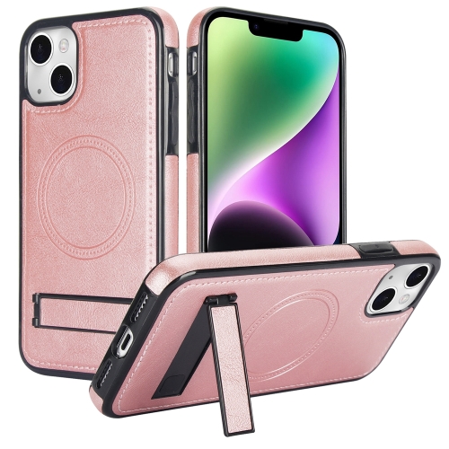 

For iPhone 14 Plus Retro Leather Invisible Stand MagSafe Phone Case(Rose Gold)