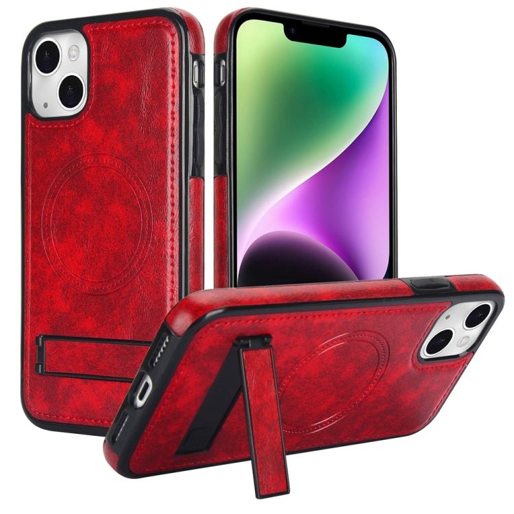 

For iPhone 14 Retro Leather Invisible Stand MagSafe Phone Case(Red)