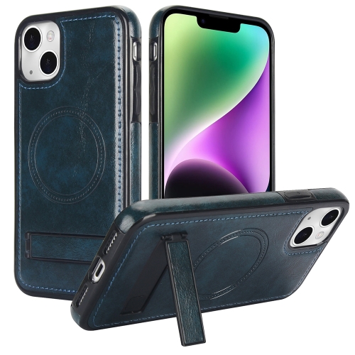 

For iPhone 13 mini Retro Leather Invisible Stand MagSafe Phone Case(Blue)