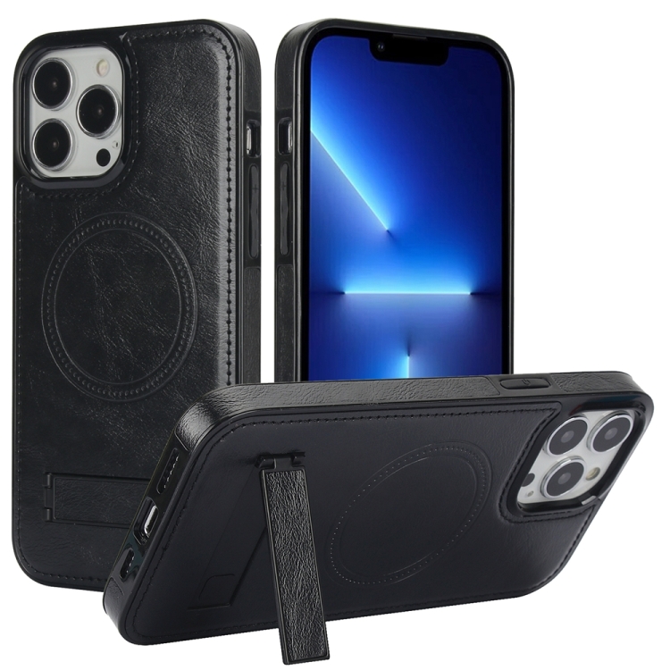 

For iPhone 13 Pro Max Retro Leather Invisible Stand MagSafe Phone Case(Black)
