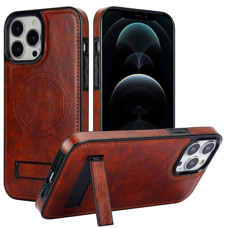 

For iPhone 12 Pro Max Retro Leather Invisible Stand MagSafe Phone Case(Brown)