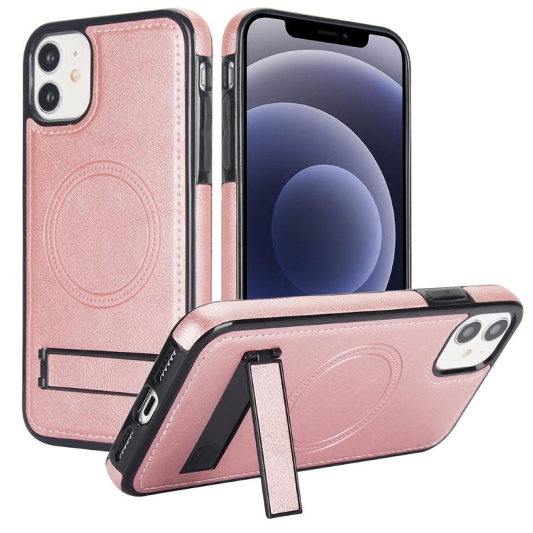 

For iPhone 12 / 12 Pro Retro Leather Invisible Stand MagSafe Phone Case(Rose Gold)