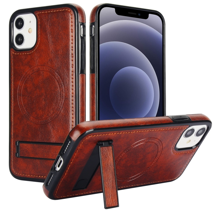 

For iPhone 12 / 12 Pro Retro Leather Invisible Stand MagSafe Phone Case(Brown)