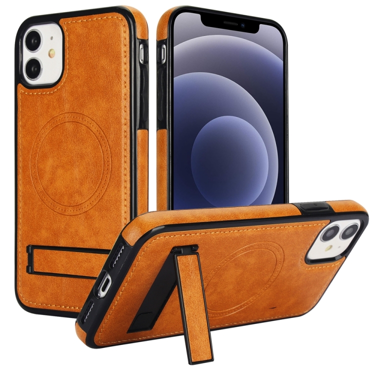 

For iPhone 12 mini Retro Leather Invisible Stand MagSafe Phone Case(Yellow)