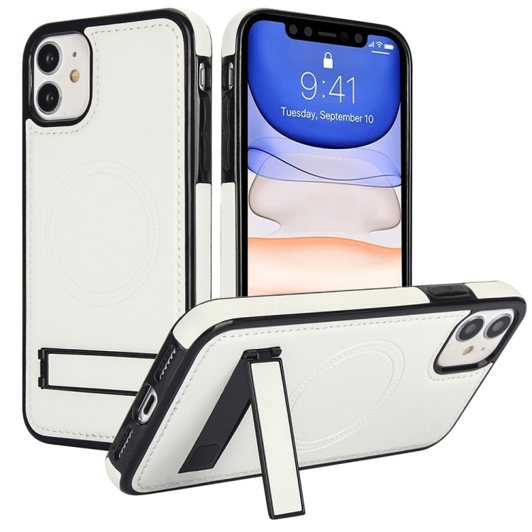 

For iPhone 11 Retro Leather Invisible Stand MagSafe Phone Case(White)