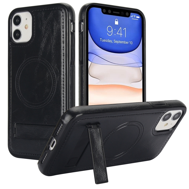

For iPhone 11 Retro Leather Invisible Stand MagSafe Phone Case(Black)
