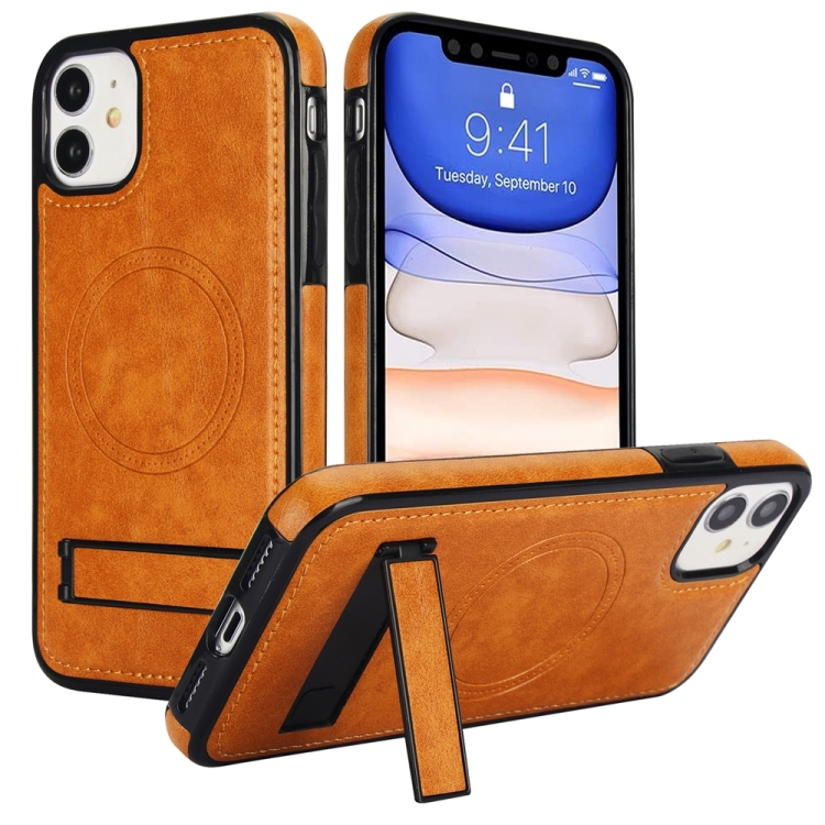 

For iPhone 11 Retro Leather Invisible Stand MagSafe Phone Case(Yellow)