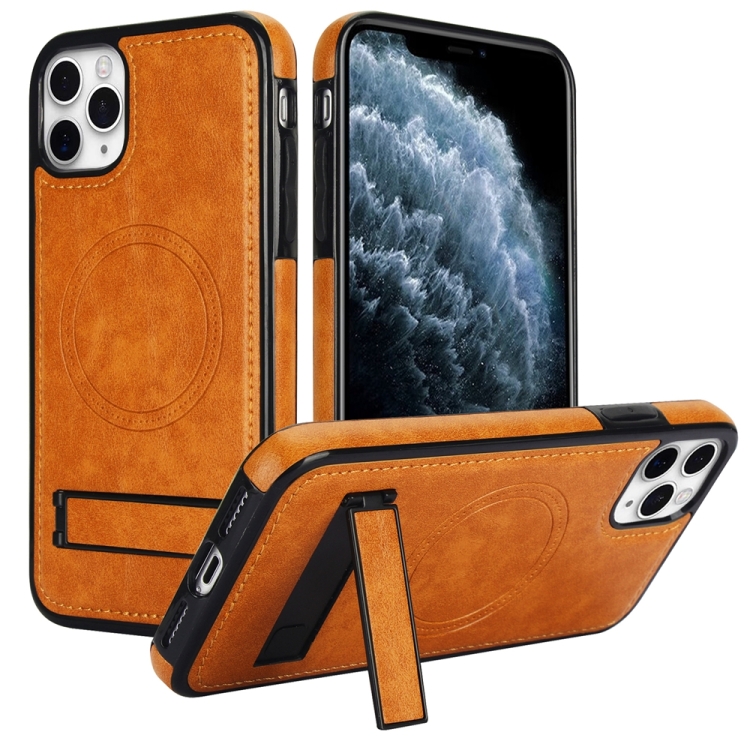 

For iPhone 11 Pro Retro Leather Invisible Stand MagSafe Phone Case(Yellow)