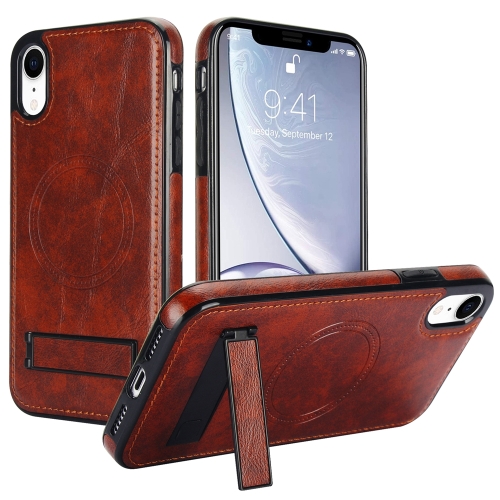 

For iPhone XR Retro Leather Invisible Stand MagSafe Phone Case(Brown)