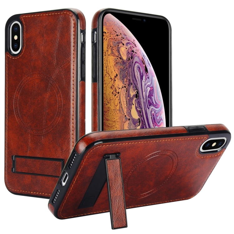 

For iPhone X / XS Retro Leather Invisible Stand MagSafe Phone Case(Brown)
