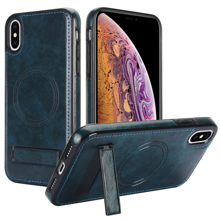 

For iPhone XS Max Retro Leather Invisible Stand MagSafe Phone Case(Blue)