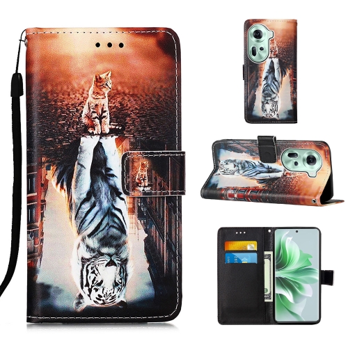 

For OPPO Reno11 5G Global Colored Drawing Pattern Plain Weave Leather Phone Case(Cats And Tigers)