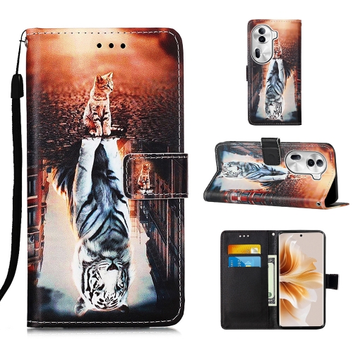 

For OPPO Reno11 Pro 5G Global Colored Drawing Pattern Plain Weave Leather Phone Case(Cats And Tigers)