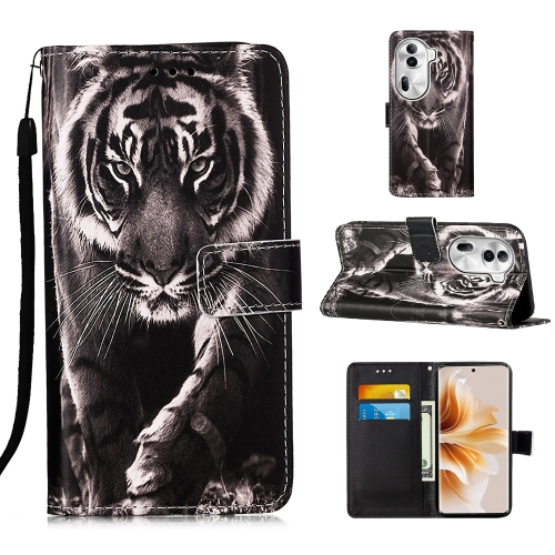 

For OPPO Reno11 Pro 5G Global Colored Drawing Pattern Plain Weave Leather Phone Case(Black And White Tiger)